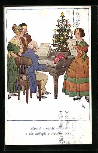AK Klavierspiel mit Gesang unterm Weihnachtsbaum