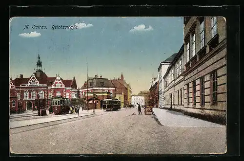 AK M. Ostrau, Reichsstrasse mit Strassenbahn