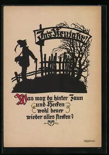 Künstler-AK Georg Plischke: Schattenbild, Mann vor einem Zaun, Neujahrsgruss