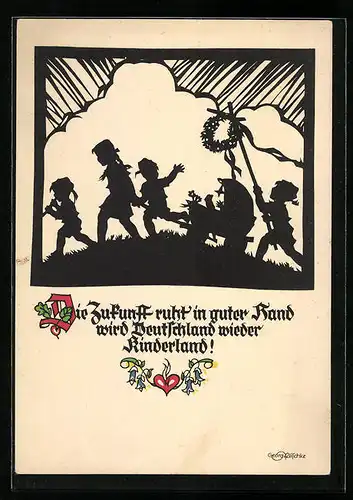 Künstler-AK Georg Plischke: Schattenbild, Die Zukunft ruht` in guter Hand..., Kinder mit einem Kinderwagen