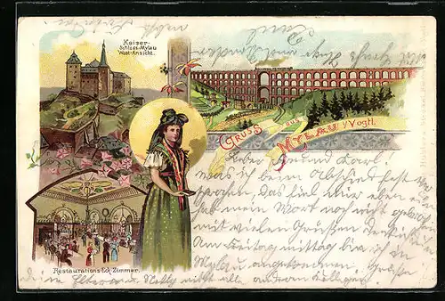 Lithographie Mylau i. Vogtl., Kaiser-Schloss-Mylau West-ansicht, Inneres Restaurant-Eck-Zimmer, Brücke mit Eisenbahn