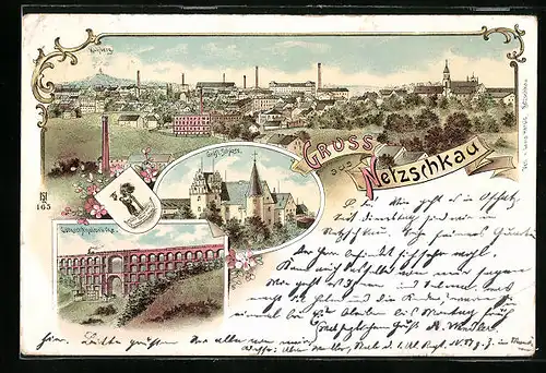 Lithographie Netzschkau, Teilansicht mit Kuhberg, Gräfliches Schloss, Göltzschtalbrücke mit Eisenbahn