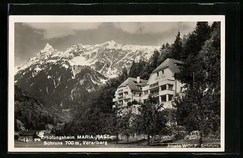 AK Schruns, Erholungsheim Maria-Rast mit Bergpanorama