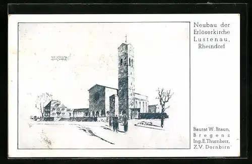 Künstler-AK Lustenau, Neubau der Erlöserkirche mit Strasse