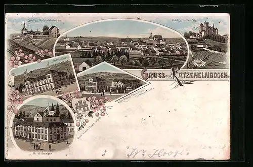 Lithographie Katzenelnbogen, Ortsansicht, Schloss, Amtsgebäude, Hotel Bremser