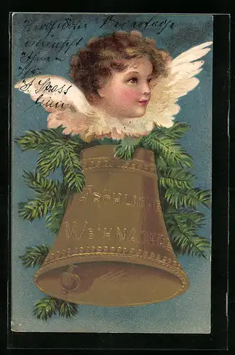 Lithographie Weihnachtsengel mit Glocke