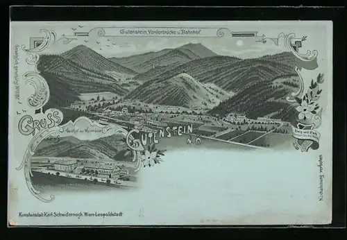 Mondschein-Lithographie Gutenstein, Gasthof zur Weintraube, Vorderbrücke und Bahnhof