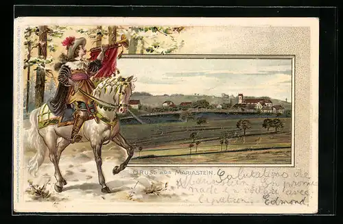 Passepartout-Lithographie Mariastein, Teilansicht mit Feldern, Militärtrompeter auf einem Schimmel