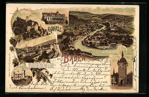 Lithographie Baden, Schloss Stein, Schartenfels, Totalansicht mit Flussschleife, Gefängnisturm