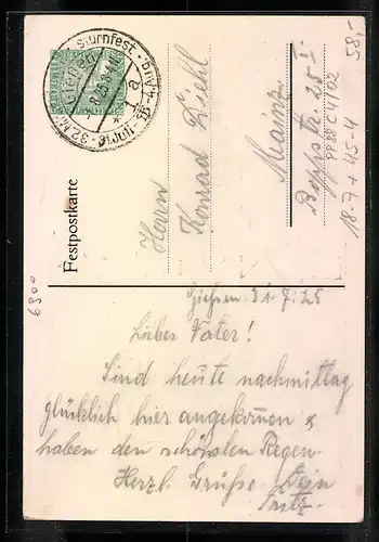 Künstler-AK Ganzsache PP88C4 /02: Giessen, 32. Mittelrheinisches Kreisturnfest 31.07.-04.08.1925, Kirchturm