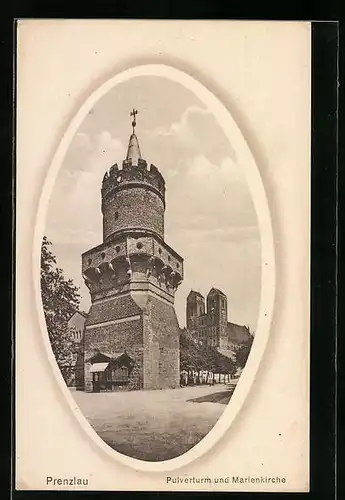 Passepartout-AK Prenzlau, Pulverturm und Marienkirche