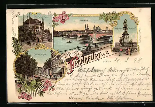 Lithographie Frankfurt a. O., Oderbrücke, Unter den Linden, Prinz Leopold Denkmal