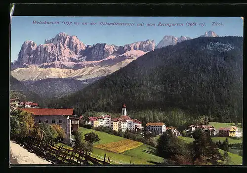 AK Welschnofen, Ortsansicht aus der Vogelschau, Blick zum Rosengarten