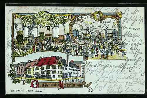 Lithographie Münchner Hofbräuhaus, Aussen- und Innenansicht mit feiernden Gästen