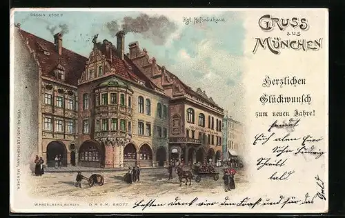 Lithographie Münchner Hofbräuhaus, Aussenansicht mit Passanten