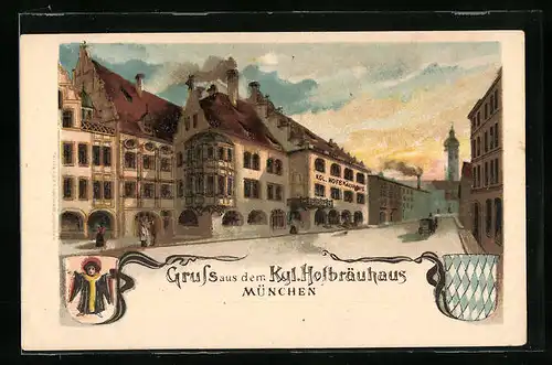 Lithographie München, Kgl. Hofbräuhaus, Aussenansicht, Wappen