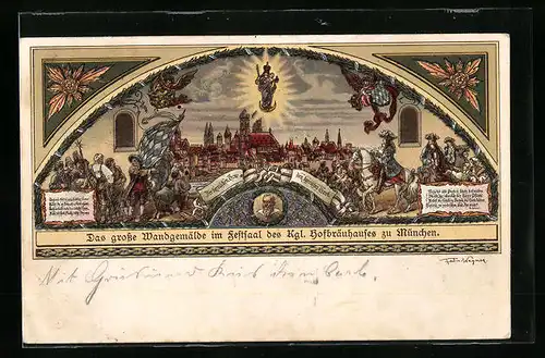 Lithographie Das grosse Wandgemälde im Festsaal des Kgl. Hofbräuhauses