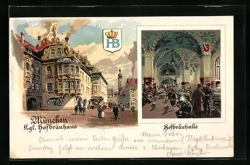 Lithographie München, Kgl. Hofbräuhaus, Aussen- und Innenansicht