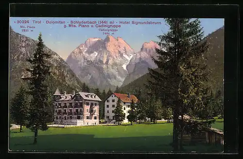 AK Schluderbach, Blick auf das Hotel Sigmundsbrunn g. Mte. Piano und die Cadinigruppe