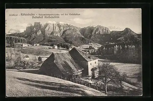 AK Bahnhof Klobenstein, Dolomitenpanorama bei der Endstation der Rittenbahn