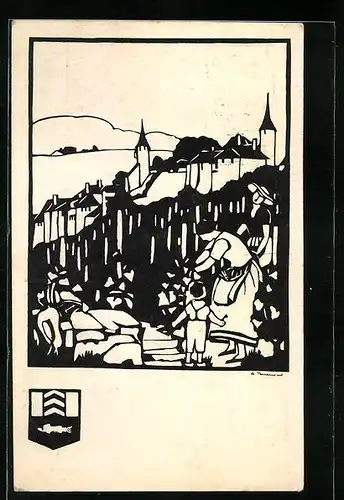 Künstler-AK Neuchatel, Journées Neuchateloises pour la Lutte contre la Tuberculose 1924, Ortspartie u. Frauen mit Kind