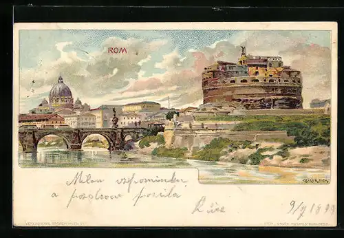 Künstler-AK Richard Hegedüs-Geiger: Rom, Panorama der Stadt mit Brücke und Pantheon