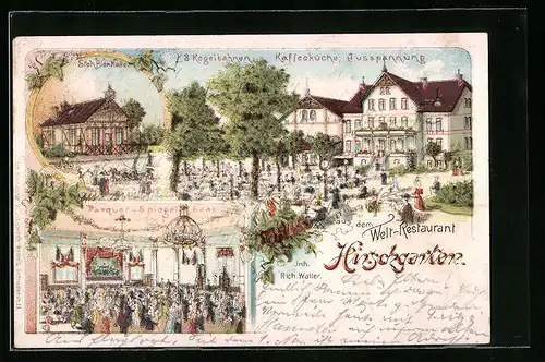 Lithographie Berlin-Hirschgarten, Welt-Restaurant mit Parquet-Spiegel-Saal