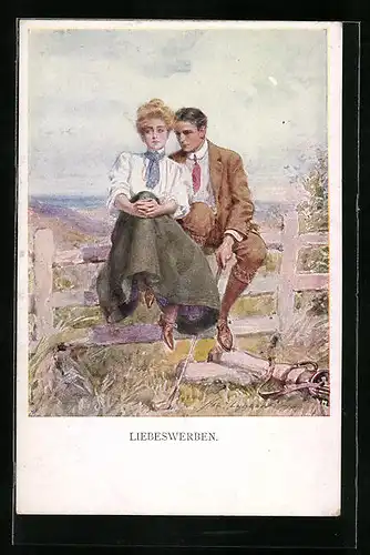 Künstler-AK M. Munk Nr. 1125: Ehepaar sitzt dicht beieinander auf einem Zaun