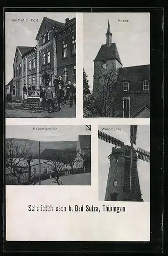 AK Bad Sulza /Th., Gesamtansicht, Gasthof zur Post, Windmühle und Kirche