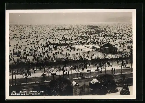 AK Zürich, Zürichseegefrörne im Jahr 1929 von der Tonhalle aus