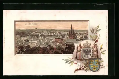 Passepartout-Lithographie Wiesbaden, Teilansicht mit Kirche, Wappen