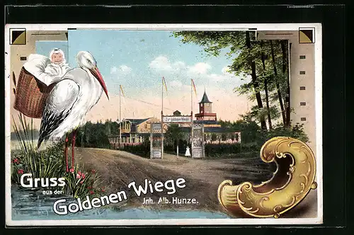 Künstler-AK Harburg, Gasthaus zur goldenen Wiege, Klapperstorch mit Säugling, Goldene Wiege