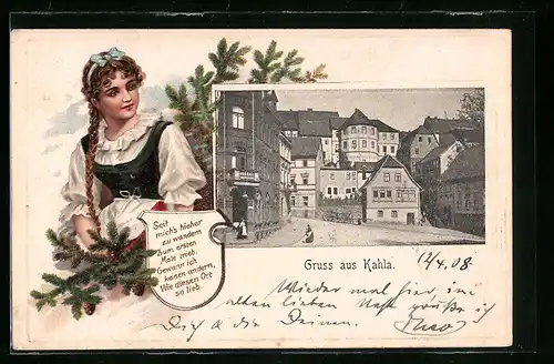 Präge-Lithographie Kahla, Ortsansicht mit Dame in Tracht