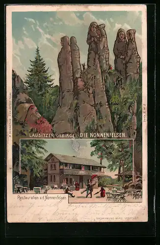 Lithographie Schwenke Ser. 5 Nr. 2: Nonnenfelsen im Lausitzer Gebirge mit Restaurant, Berg mit Gesicht / Berggesichter