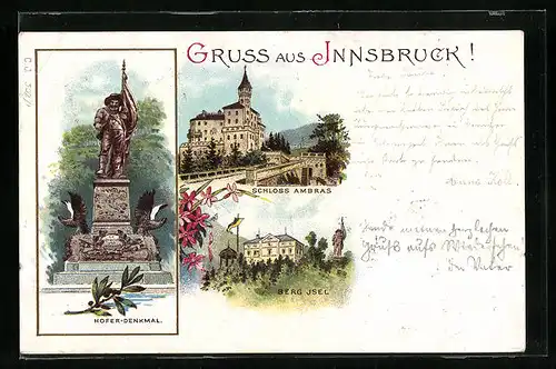 Lithographie Innsbruck, Schloss Amras, Berg Isel, Hofer-Denkmal