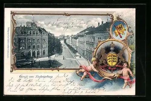 Passepartout-Lithographie Ludwigsburg, Strassenpartie aus der Vogelschau, Wappen mit Putten