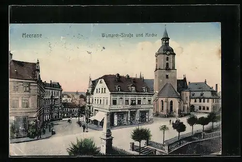 AK Meerane, Bismarck-Strasse und Kirche