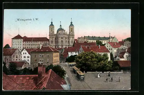 Goldfenster-AK Weingarten i. W., Teilansicht vom Stadtkern