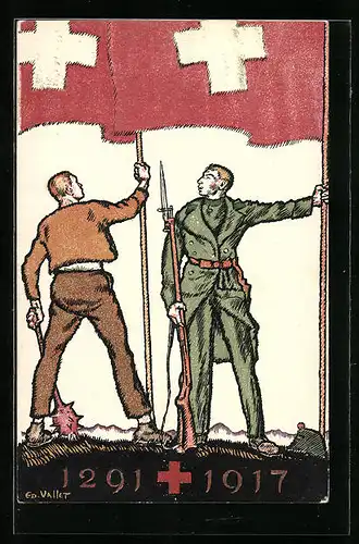 AK Schweizer Bundesfeier 1917, Ein Soldat und ein Bürger hissen die Flagge des Landes, Ganzsache