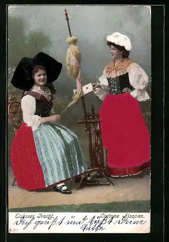 Präge-AK Zwei Elsässerinnen am Spinnrad mit Liebesbrief
