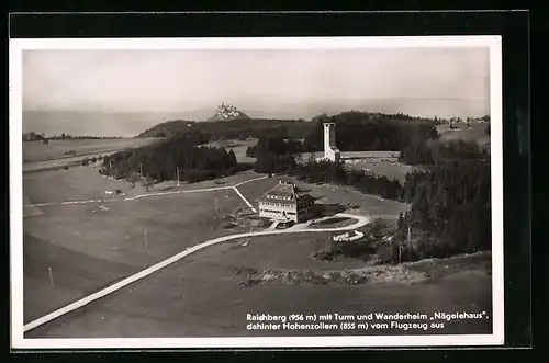 AK Onstmettingen, Turm und Wanderheim Nägelehaus auf dem Raichberg, dahinter Hohenzollern, Fliegeraufnahme