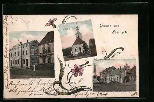 AK Stentsch, Gasthof zum schwarzen Adler, Kaiserl. Postamt, Kirche und Kriegerdenkmal