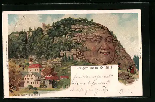 Lithographie Schwenke Ser. 5. Nr. 1: Der gemütliche Oybin in der Lausitzer Höhe, Berg mit Gesicht / Berggesichter