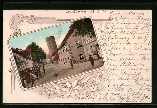 Präge-AK Sommerfeld, Strassenpartie an R. Höhne`s Restaurant mit Blickk zum Büttelturm