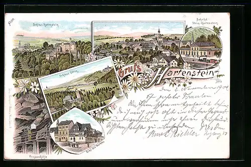 Lithographie Hartenstein, Schloss Stein, Bahnhof Stein-Hartenstein, Prinzenhöhle, Teilansicht