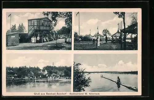 AK Seedorf, Seebad und Badestrand W. Nikolaus mit Besuchern, Gebäuden und Badesteg