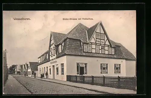 AK Wesselburen, Süder-Strasse mit Hebbelhus