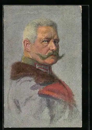 Künstler-AK Generalfeldmarschall Paul von Hindenburg in Uniform und Mantel