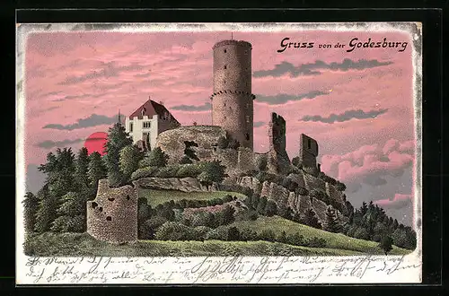 Lithographie Godesberg, Godesburg bei Sonnenuntergang