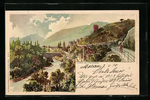 Lithographie Meran, Panorama mit Gilfpromenade